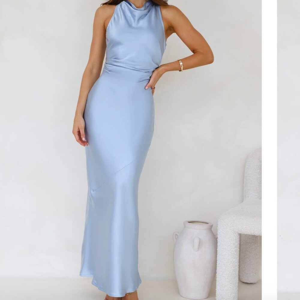 Elegant Light Blue Satin Maxi Dress - Halter Neck